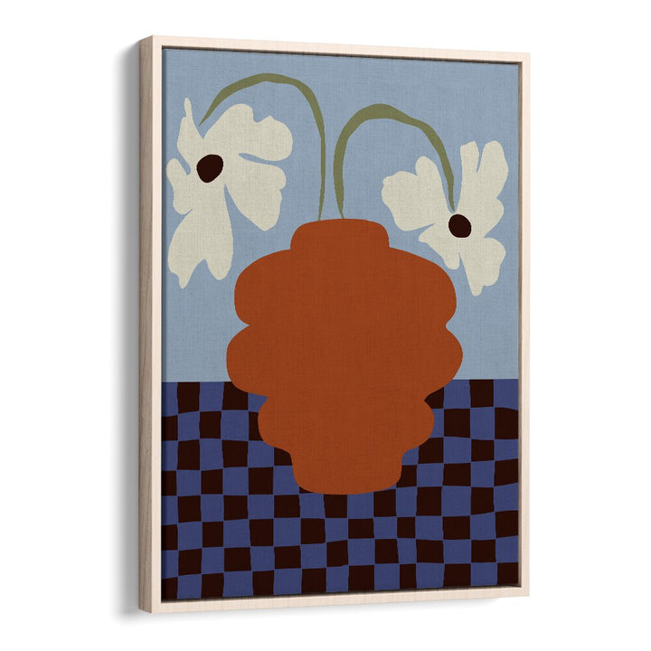 Blooming Dropping And Checkerboard, Botanical Art Paintings Artwork in Oak Wood Floater Frame