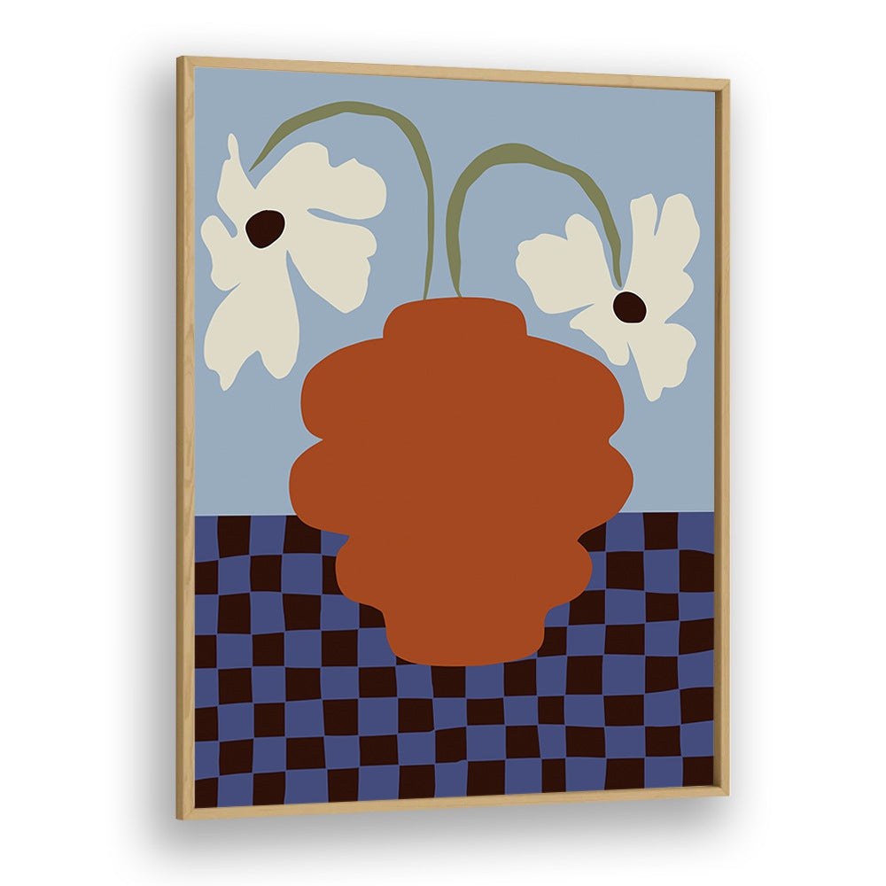 Blooming Dropping And Checkerboard, Botanical Art Paintings Artwork in Oak Wood Plain Frame