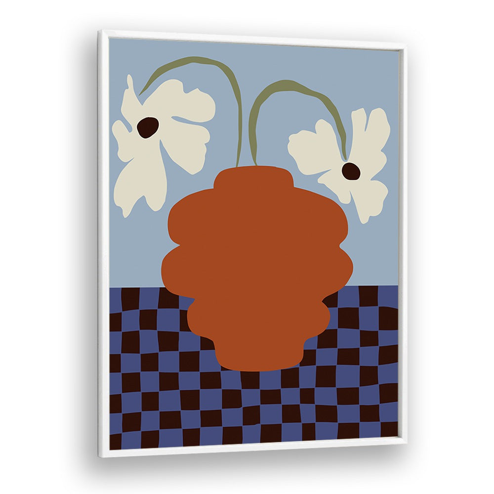 Blooming Dropping And Checkerboard, Botanical Art Paintings Artwork in White Plain Frame