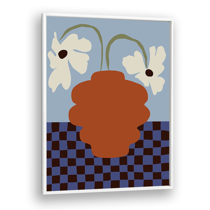 Blooming Dropping And Checkerboard, Botanical Art Paintings Artwork in White Plain Frame