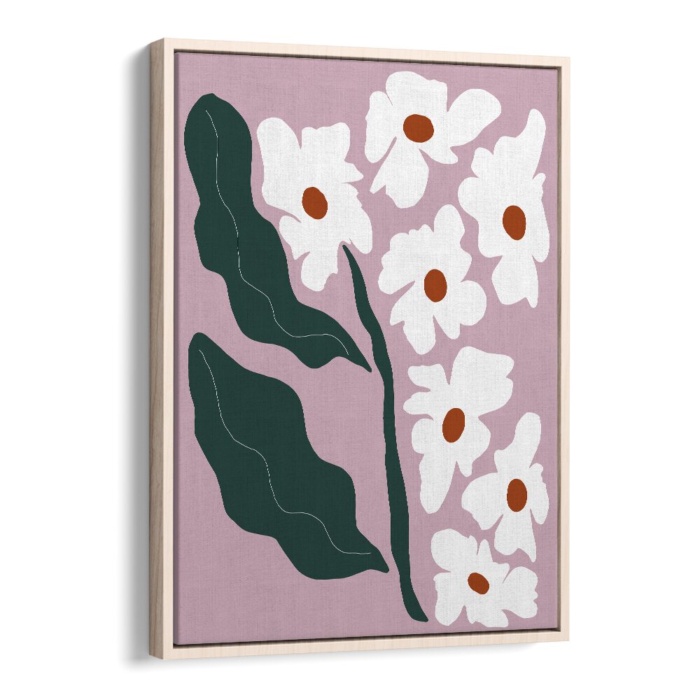 Blooming Flora, Botanical Art Paintings Artwork in Oak Wood Floater Frame