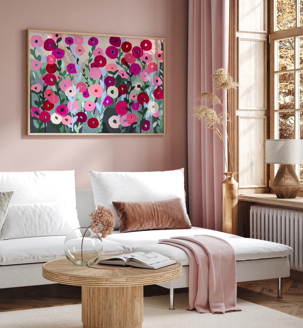 Vibrant BLOOMING CHAOS, FLORAL FLOWER PAINTINGS brightening a cozy living space with artistic floral beauty.