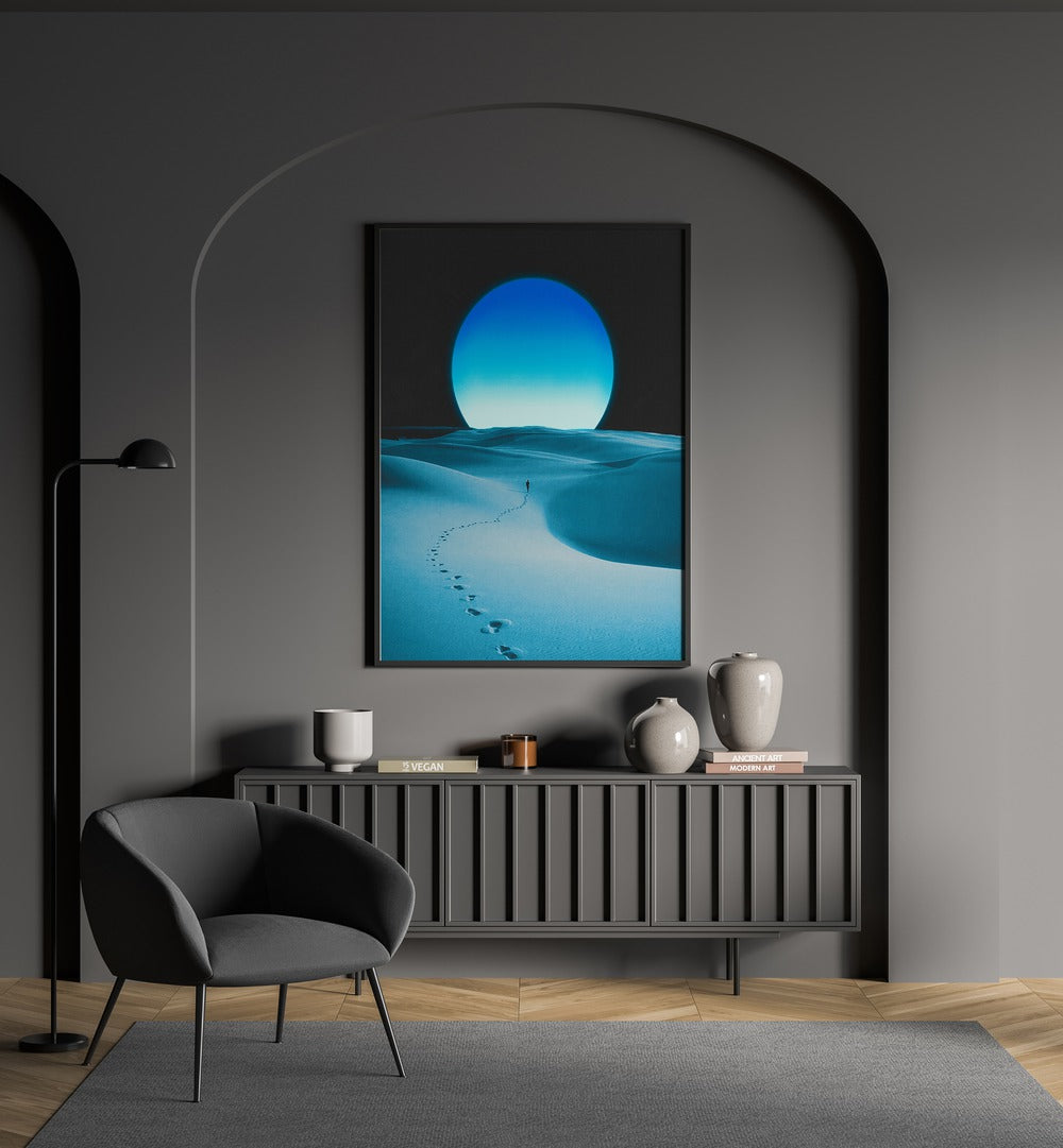 Transform your space with BLUE MOON, SURREAL ART PRINTS by Space Rocket Art, featuring dreamy landscapes and vibrant colors.