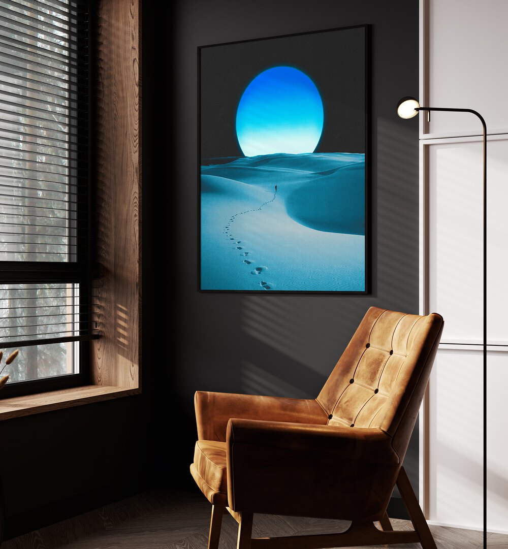 Transform your space with BLUE MOON, SURREAL ART PRINTS from Space Rocket Art, featuring a dreamy desert landscape.