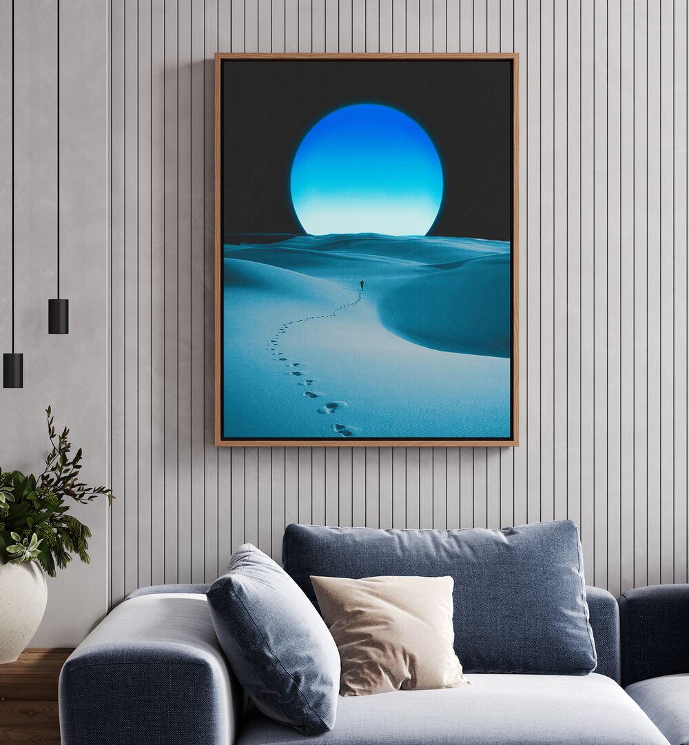 Transform your space with BLUE MOON, SURREAL ART PRINTS by Space Rocket Art, showcasing a dreamy landscape under a vivid blue moon.