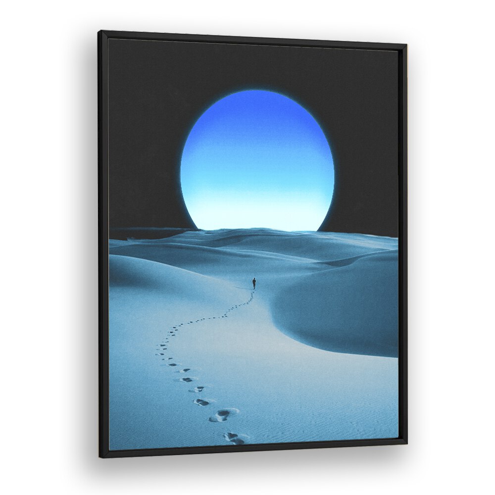 Transform your space with BLUE MOON, SURREAL ART PRINTS by Space Rocket Art, featuring a mesmerizing blue landscape.