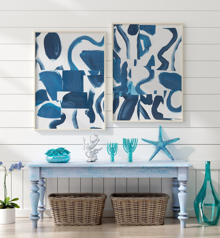 Elevate your decor with the BLUE ABSTRACT SET, SET OF 2 PAINTINGS, featuring elegant blue brushstrokes for tranquility.