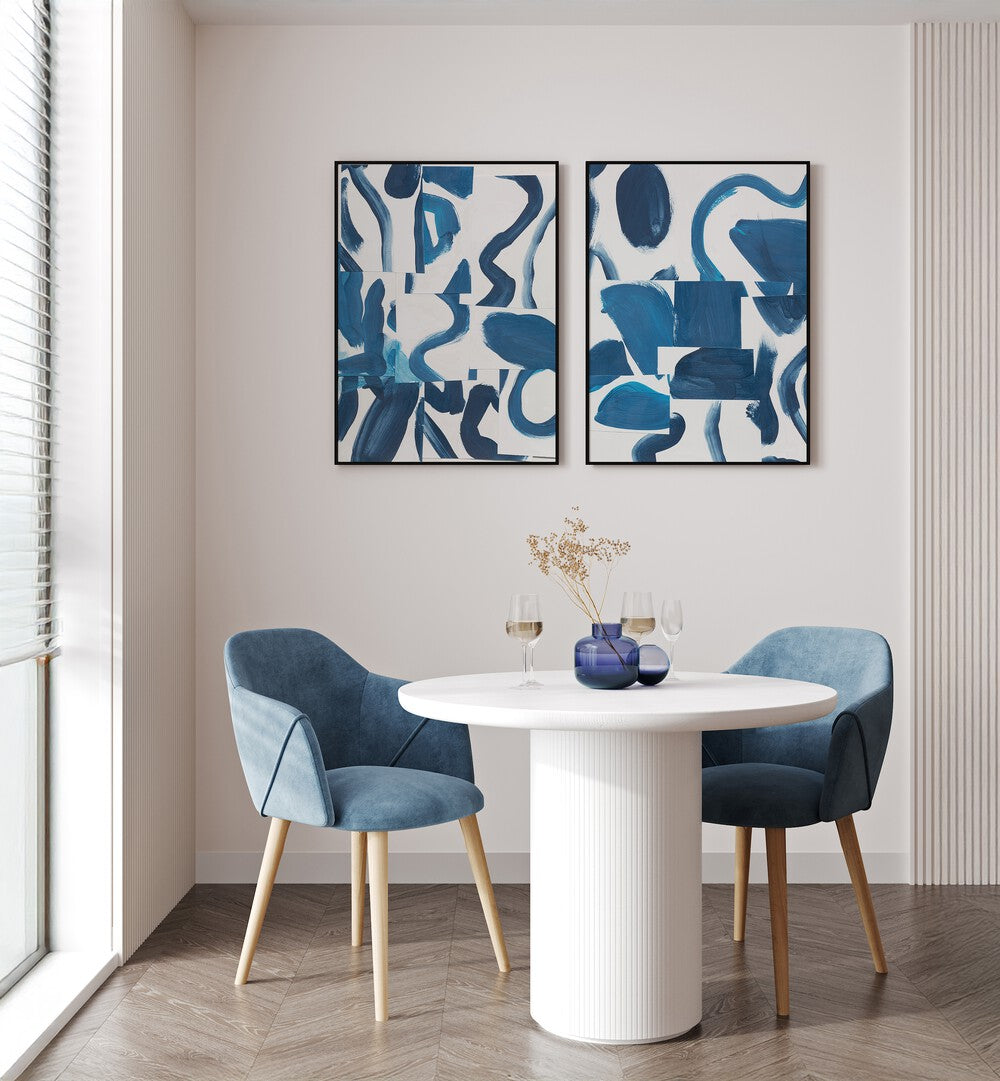 Enhance your decor with the BLUE ABSTRACT SET, SET OF 2 PAINTINGS featuring bold blue brushstrokes for elegance.