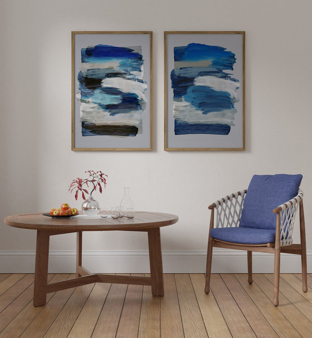 Stylish BLUE ABSTRACT STROKES SET, SET OF 2 PAINTINGS enhancing modern home décor with vibrant colors.
