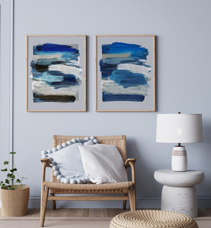 Stunning BLUE ABSTRACT STROKES SET, SET OF 2 PAINTINGS on display, enhancing modern home décor with vibrant colors.