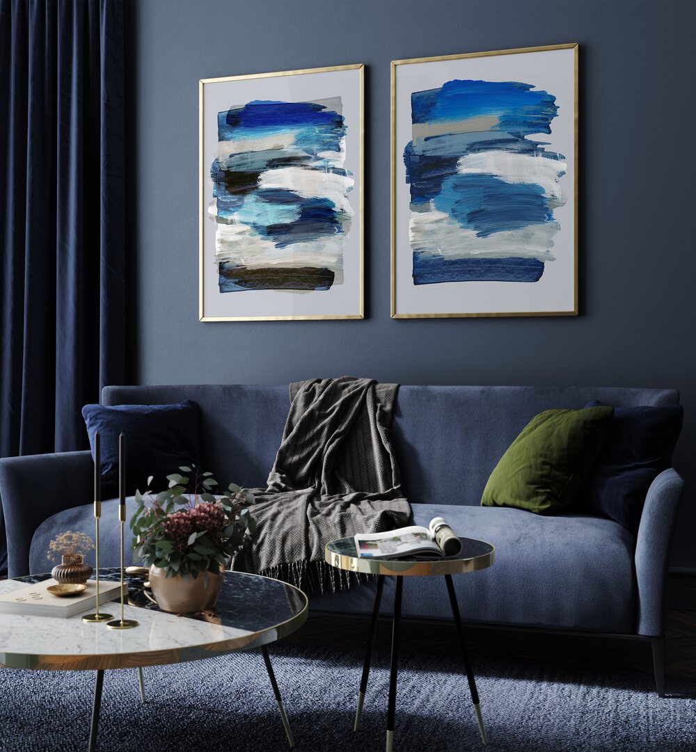BLUE ABSTRACT STROKES SET, SET OF 2 PAINTINGS adds modern elegance to your living space with captivating blues and textures.