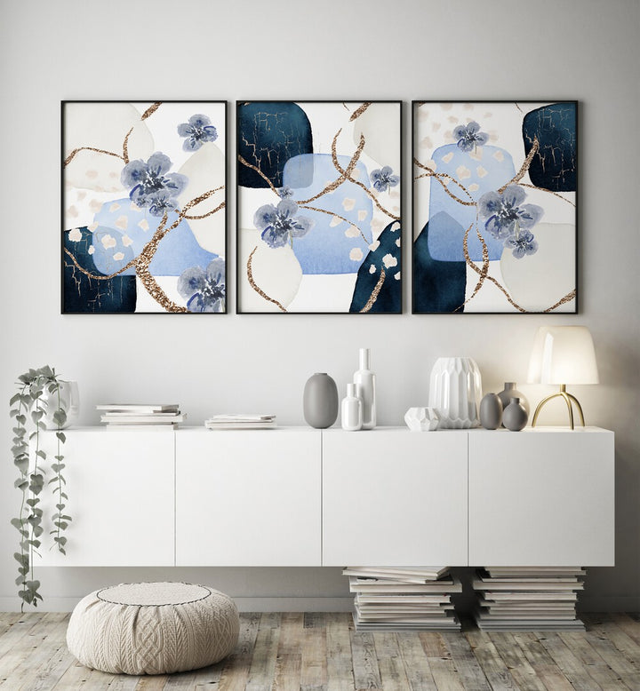 Elegant BLUE BLOSSOMS SET, SET OF 3 PAINTINGS adding a tranquil touch of blooming beauty to your home decor.