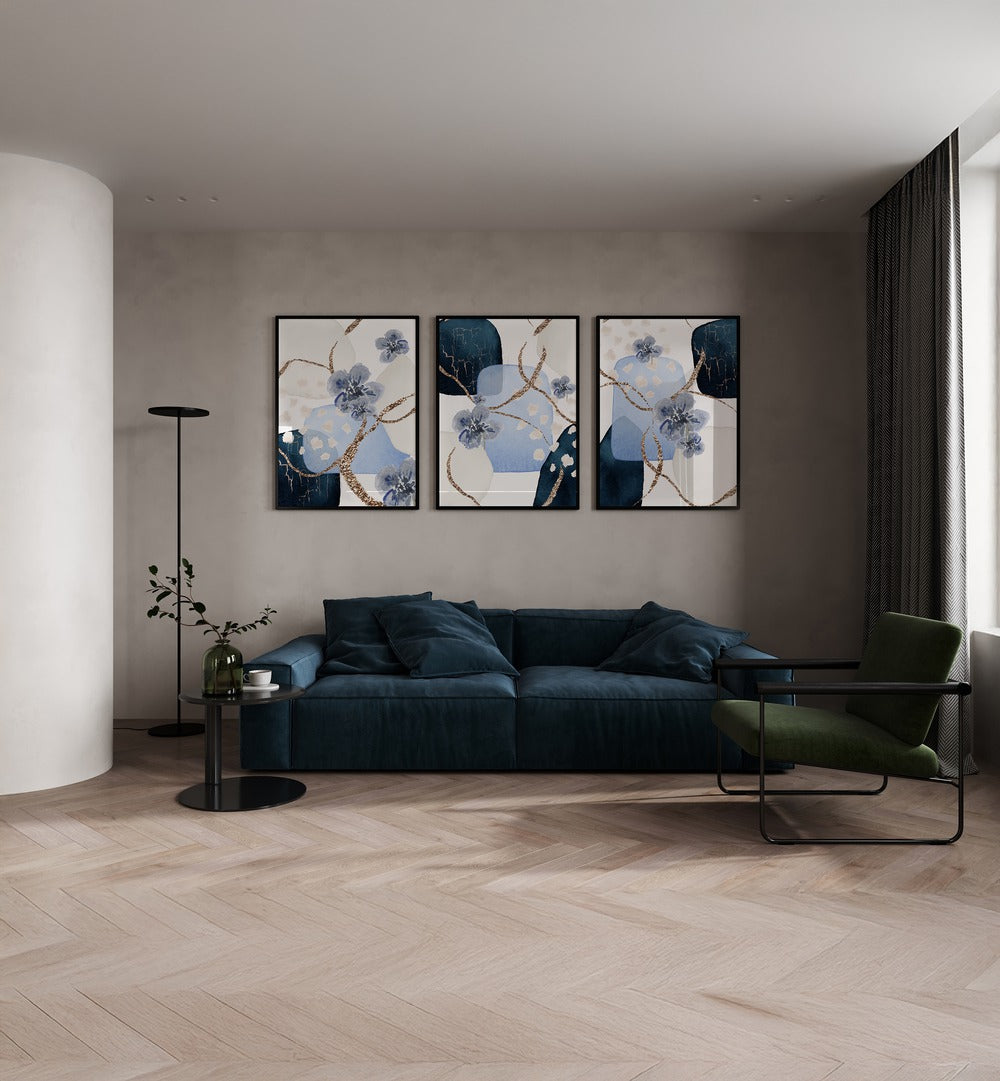 Elegant BLUE BLOSSOMS SET, SET OF 3 PAINTINGS enhances any space with vibrant floral beauty and tranquility.