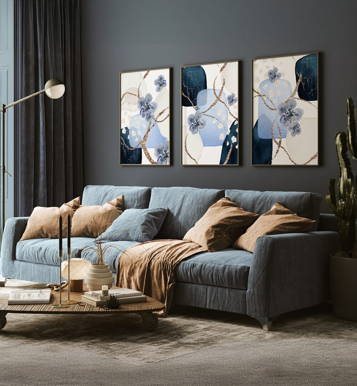 Elegant BLUE BLOSSOMS SET, SET OF 3 PAINTINGS enhances any room with its vibrant floral beauty and serene colors.