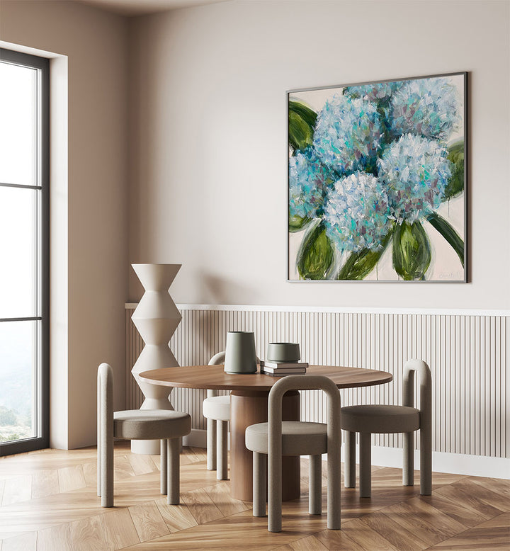 Stunning BLUE HYDRANGEAS LEAVES, FLORAL FLOWER PAINTINGS brightening a modern interior with vibrant colors and abstract design.