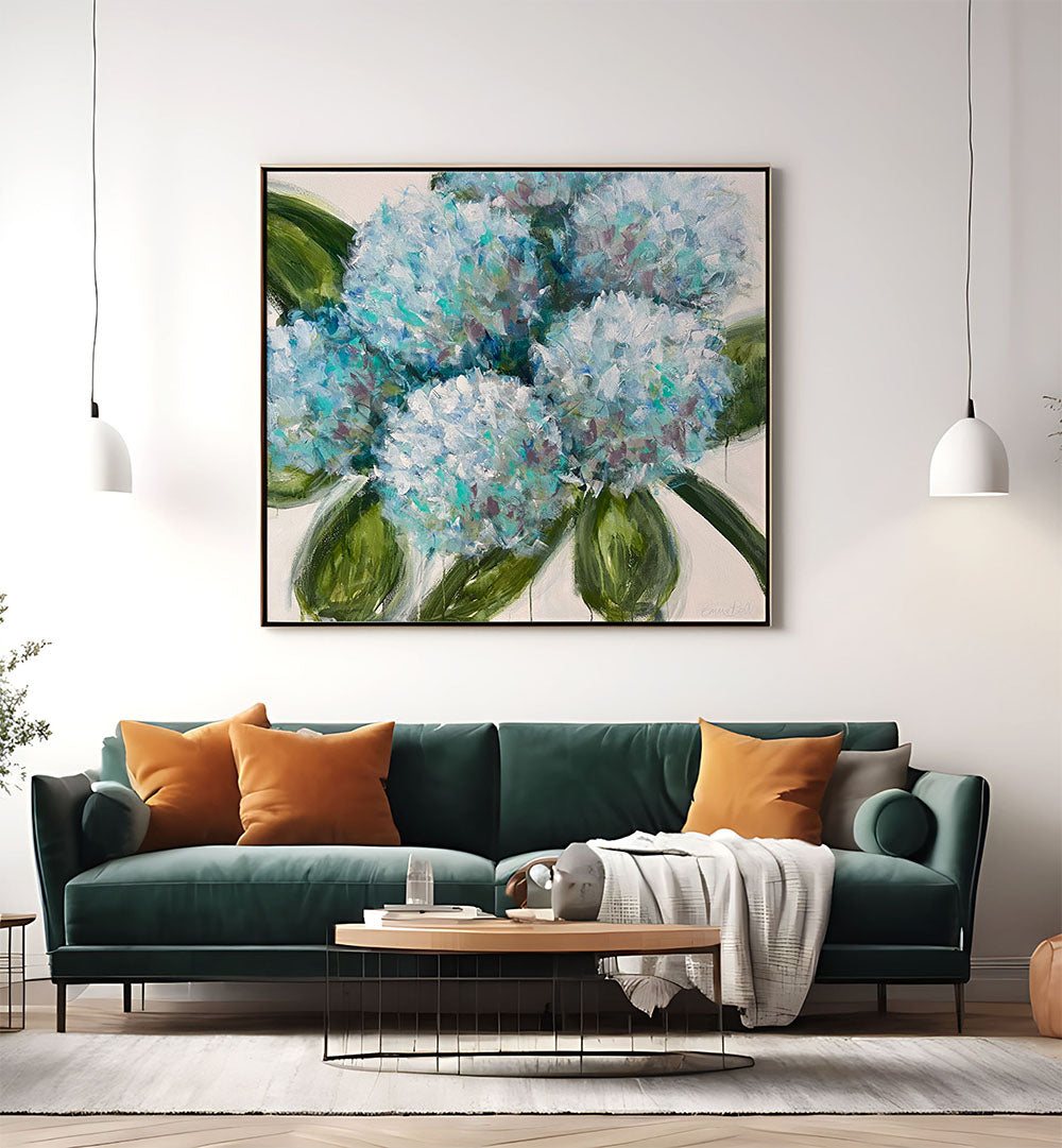 Brighten your decor with BLUE HYDRANGEAS LEAVES, FLORAL FLOWER PAINTINGS showcasing vibrant colors and abstract beauty.