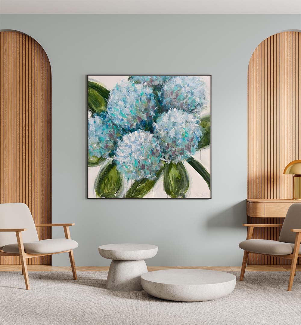 Stunning BLUE HYDRANGEAS LEAVES, FLORAL FLOWER PAINTINGS brightening a modern living space with vibrant colors.