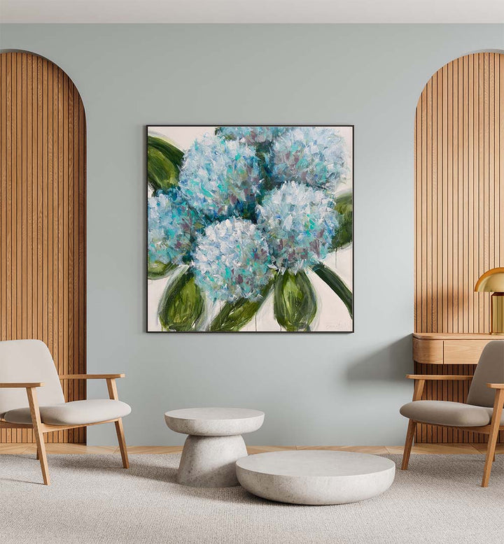 Stunning BLUE HYDRANGEAS LEAVES, FLORAL FLOWER PAINTINGS brightening a modern living space with vibrant colors.