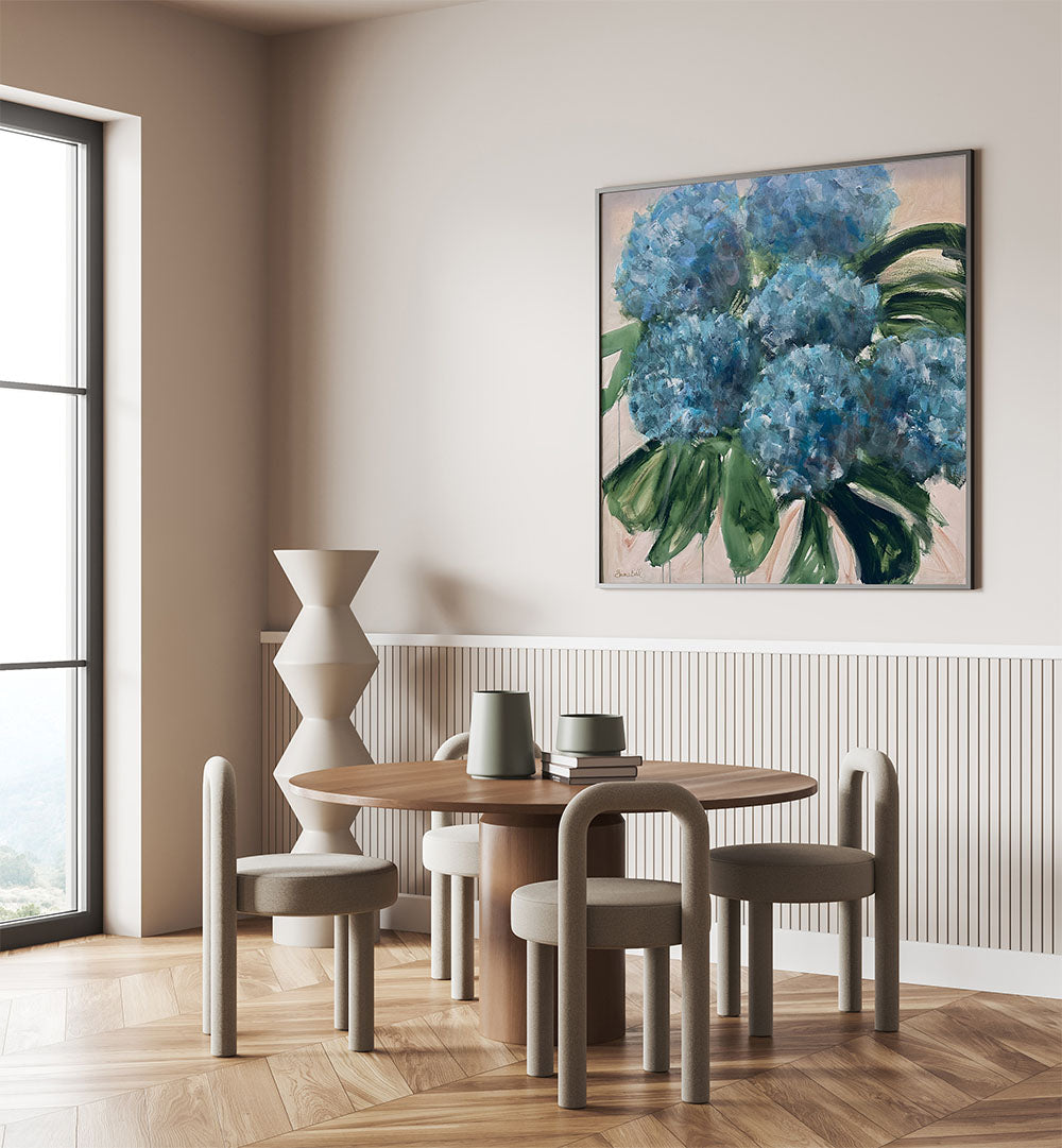 Stunning BLUE HYDRANGEAS WITH LEAVES, FLORAL FLOWER PAINTINGS, perfect for enhancing your home decor with vibrant beauty.