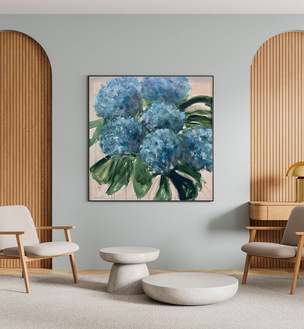 Stunning BLUE HYDRANGEAS WITH LEAVES, FLORAL FLOWER PAINTINGS, perfect for enhancing your home decor.