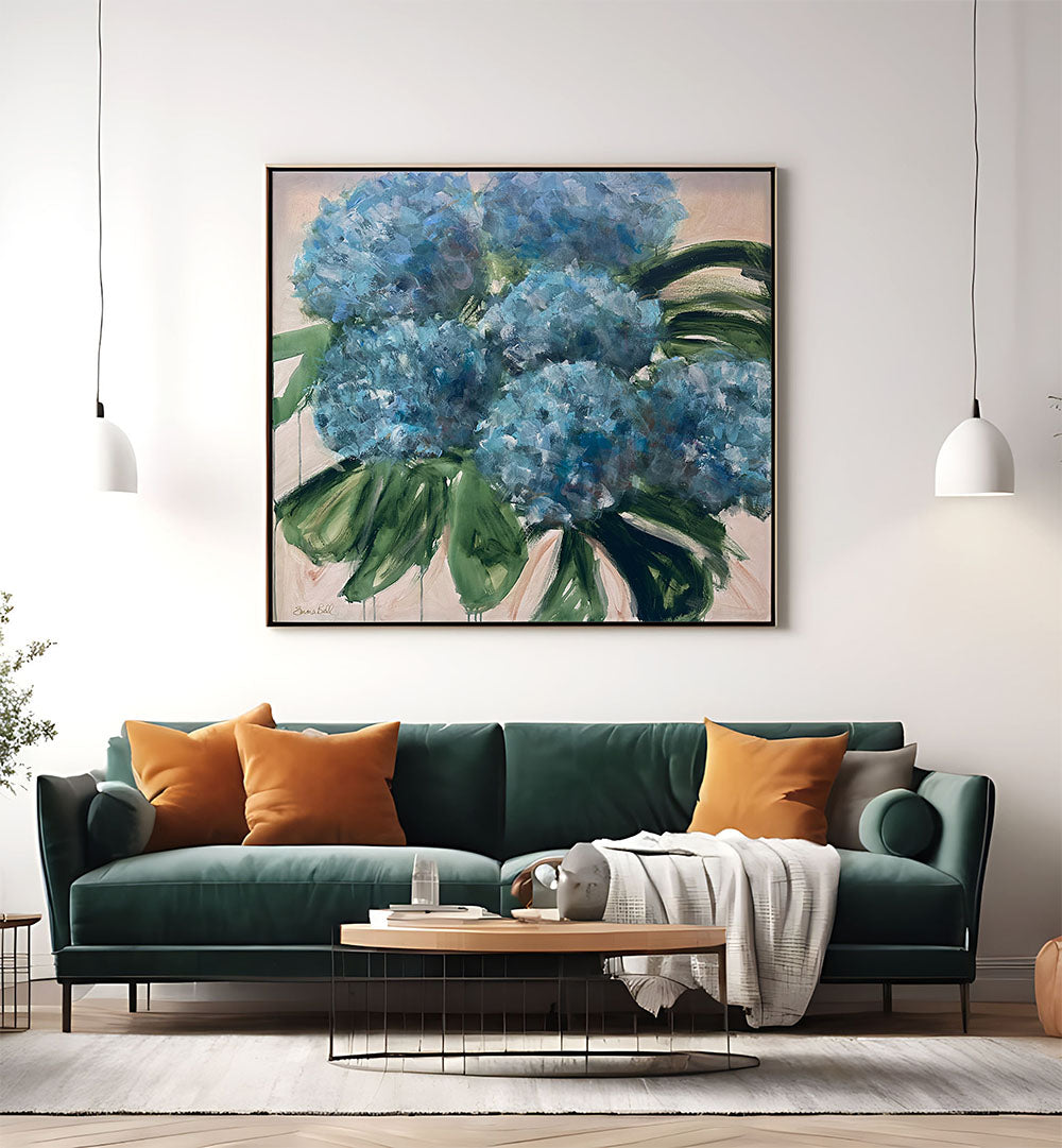 Vibrant BLUE HYDRANGEAS WITH LEAVES, FLORAL FLOWER PAINTINGS, perfect for enhancing your home decor.