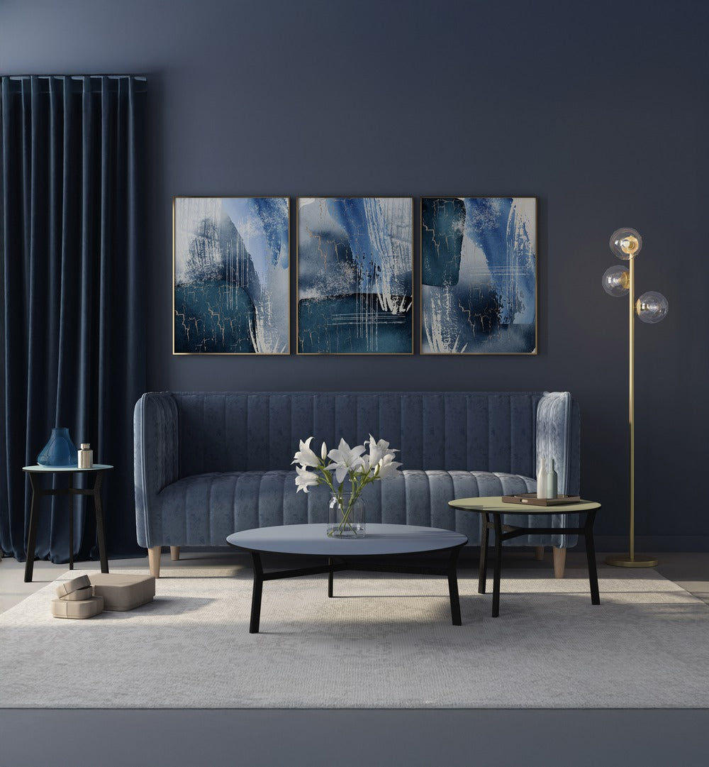 Elegant BLUE LAGOON SET, SET OF 3 PAINTINGS adding tranquility to modern home décor with serene lagoon visuals.