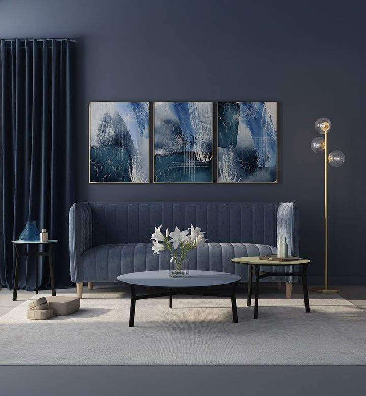 Elegant BLUE LAGOON SET, SET OF 3 PAINTINGS adding tranquility to modern home décor with serene lagoon visuals.