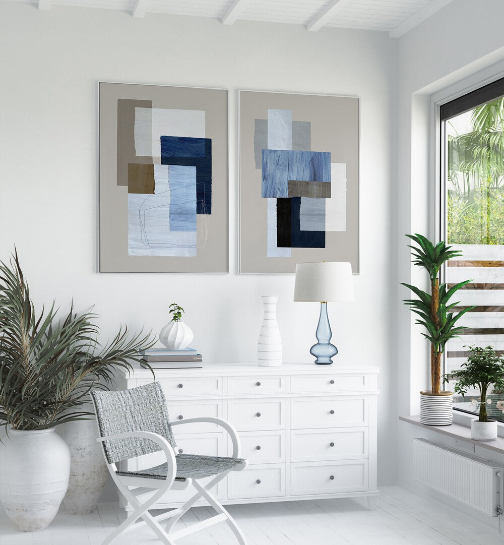 Elevate your decor with the BLUE LAYERED PIECES SET, SET OF 2 PAINTINGS, perfect for a serene living space.