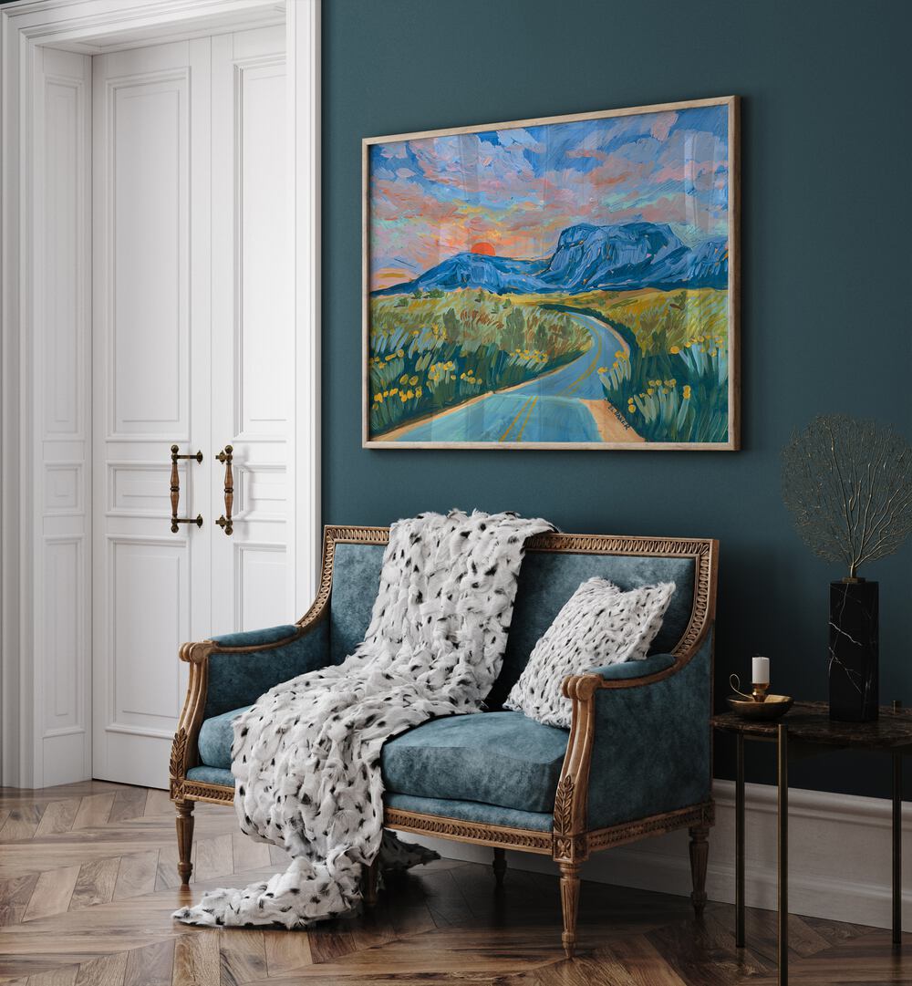Stunning BLUE MOUNTAIN HIGHWAY, LANDSCAPE PAINTINGS adorn a cozy interior, capturing nature's vibrancy and beauty.