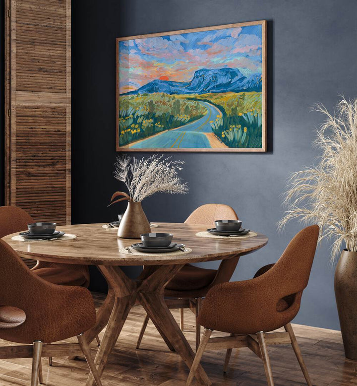 Stunning BLUE MOUNTAIN HIGHWAY, LANDSCAPE PAINTINGS adorn a cozy dining space, showcasing vibrant nature's beauty.