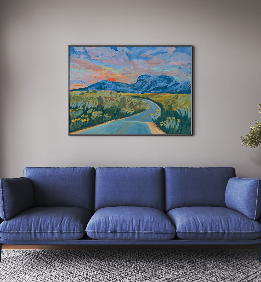 Vibrant BLUE MOUNTAIN HIGHWAY, LANDSCAPE PAINTINGS showcase majestic mountains and a picturesque sky in a cozy setting.