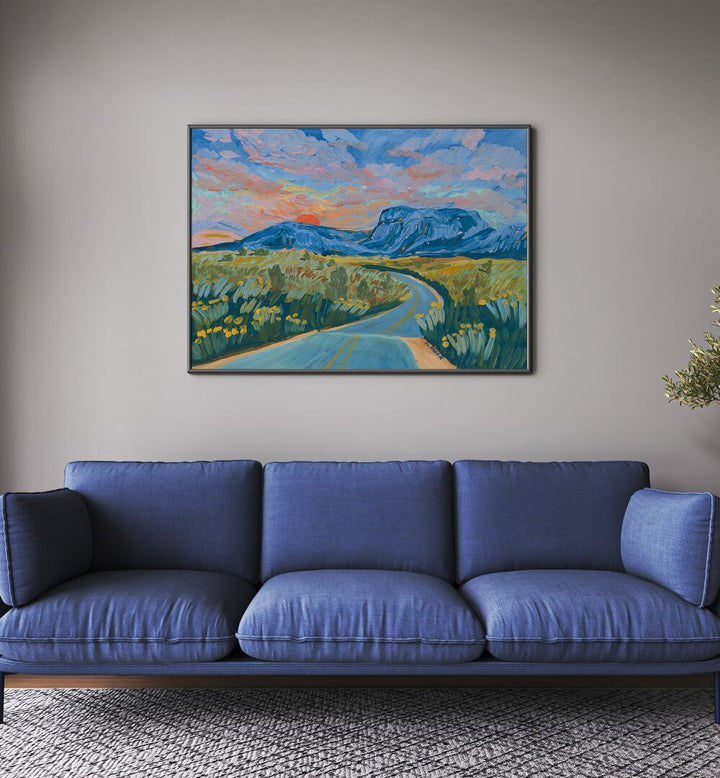 Vibrant BLUE MOUNTAIN HIGHWAY, LANDSCAPE PAINTINGS showcase majestic mountains and a picturesque sky in a cozy setting.