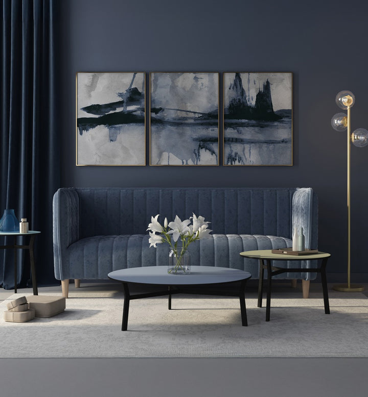 Elevate your decor with the BLUE STROKES SET, SET OF 3 PAINTINGS featuring elegant blue abstract art.