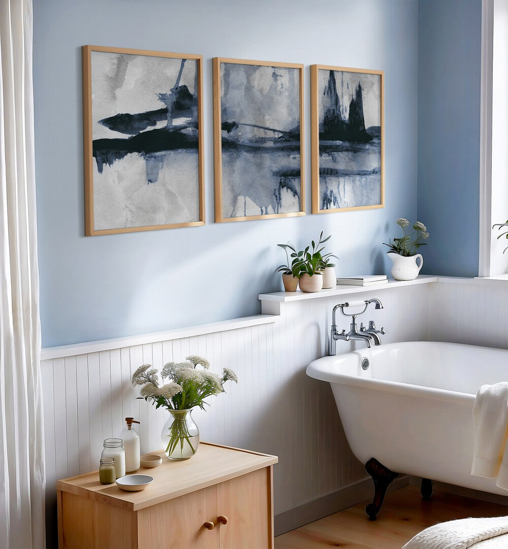 Enhance your decor with the BLUE STROKES SET , SET OF 3 PAINTINGS, showcasing elegant blue abstract art.