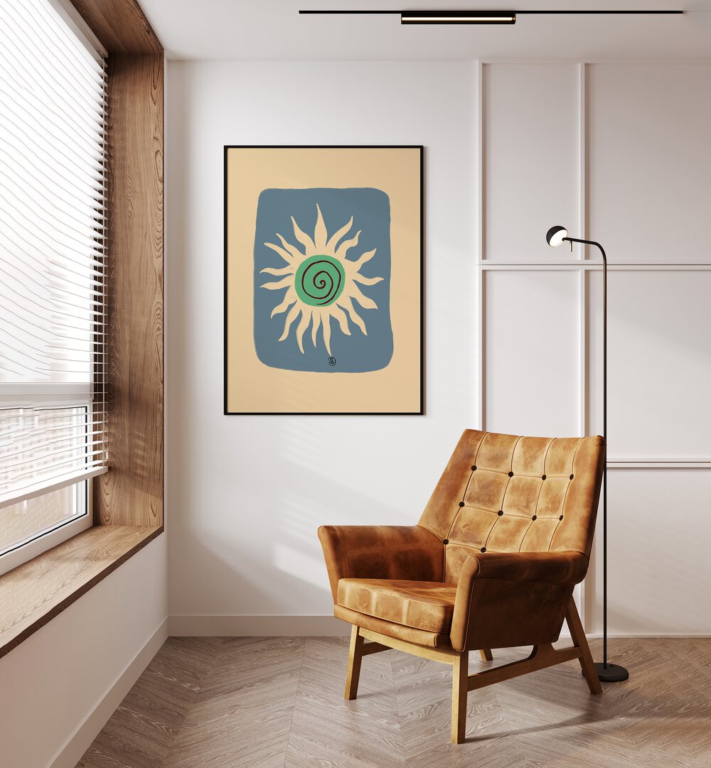 Vibrant BLUE SUN art print enhancing a chic living space with modern design and energy. Perfect for stylish homes.