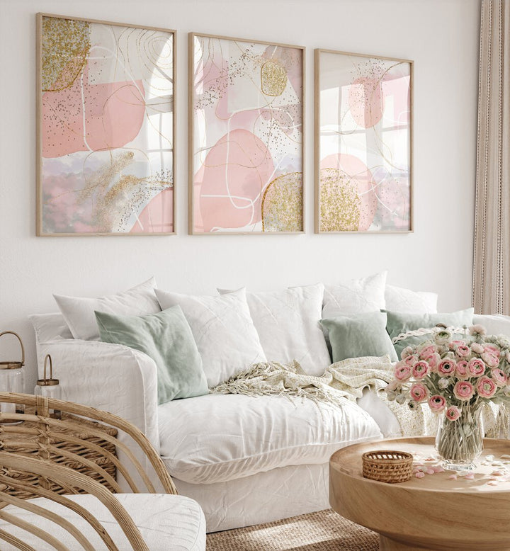 Elegant BLUSH AND LUXE SET, SET OF 3 PAINTINGS enhances your living space with modern artistry and soft hues.