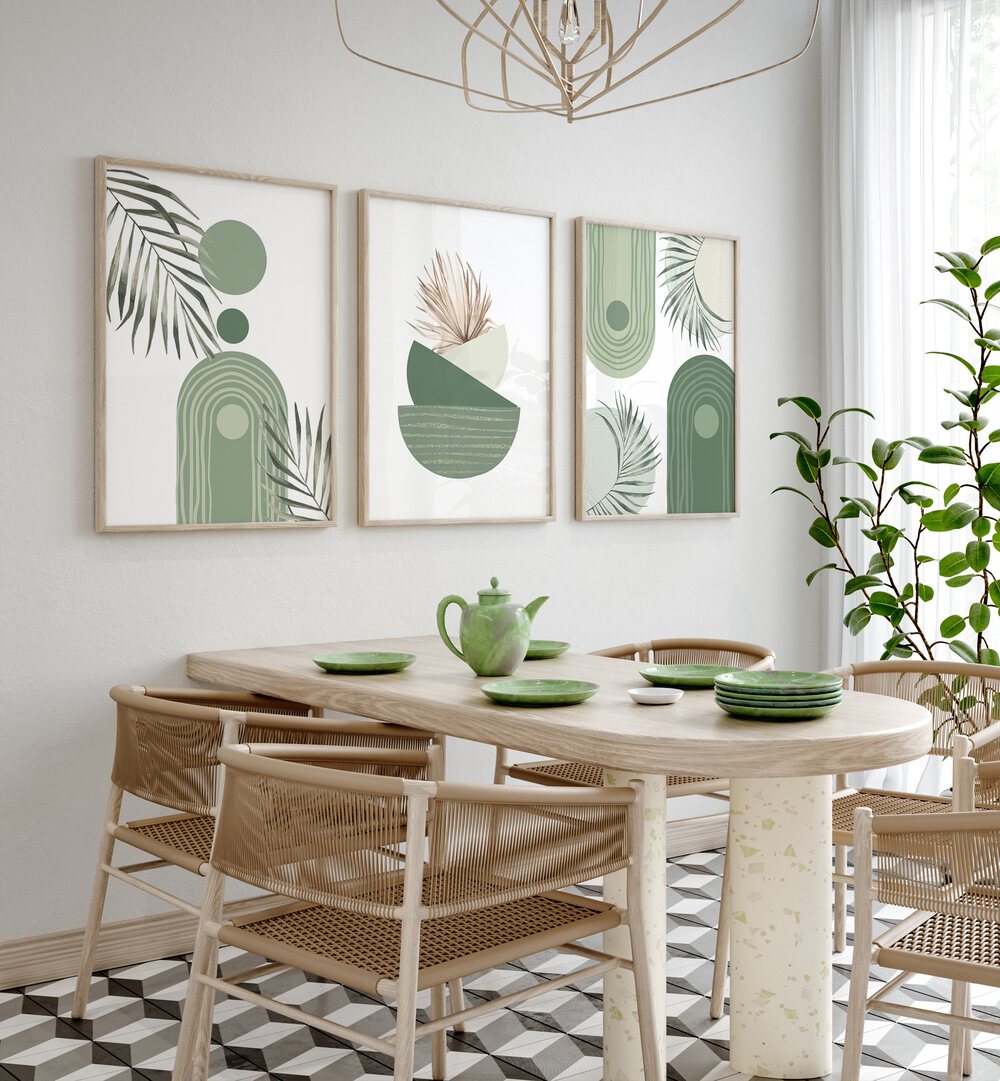 Elegant BOHO GREEN BLOOMS SET, SET OF 3 PAINTINGS enhances a serene, stylish living space with unique floral designs.