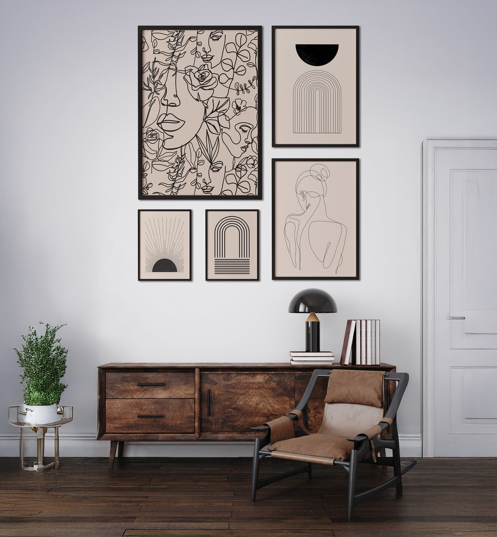 Stylish BOHO LINE ART GALLERY WALL with framed prints, perfect for minimalist gallery walls in any space.