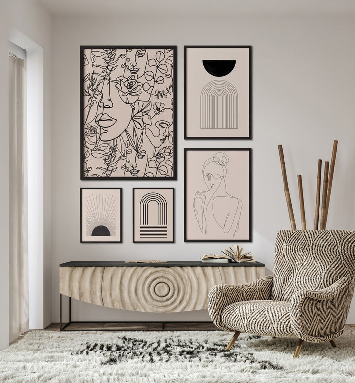 Stylish BOHO LINE ART GALLERY WALL with framed prints brings minimalist charm to your space, perfect for gallery walls.