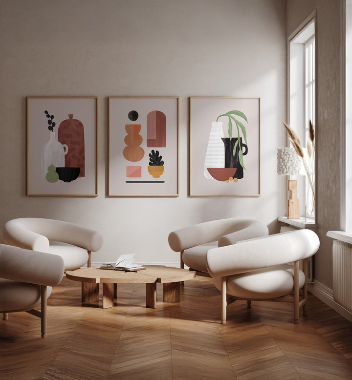 Elevate your space with the BOHO OBJECTS SET, SET OF 3 PAINTINGS, showcasing unique bohemian artistry and colors.