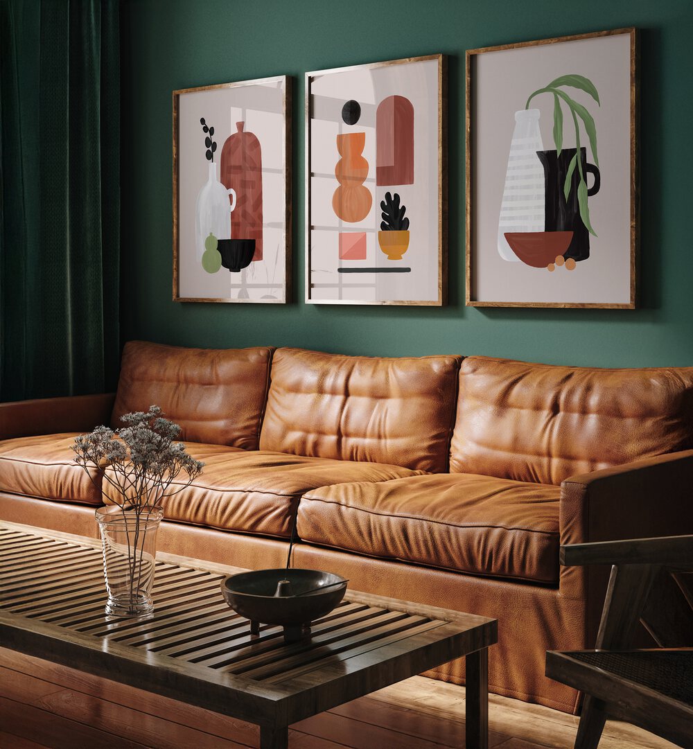 Elevate your space with the BOHO OBJECTS SET, SET OF 3 PAINTINGS, featuring unique bohemian designs and colors.