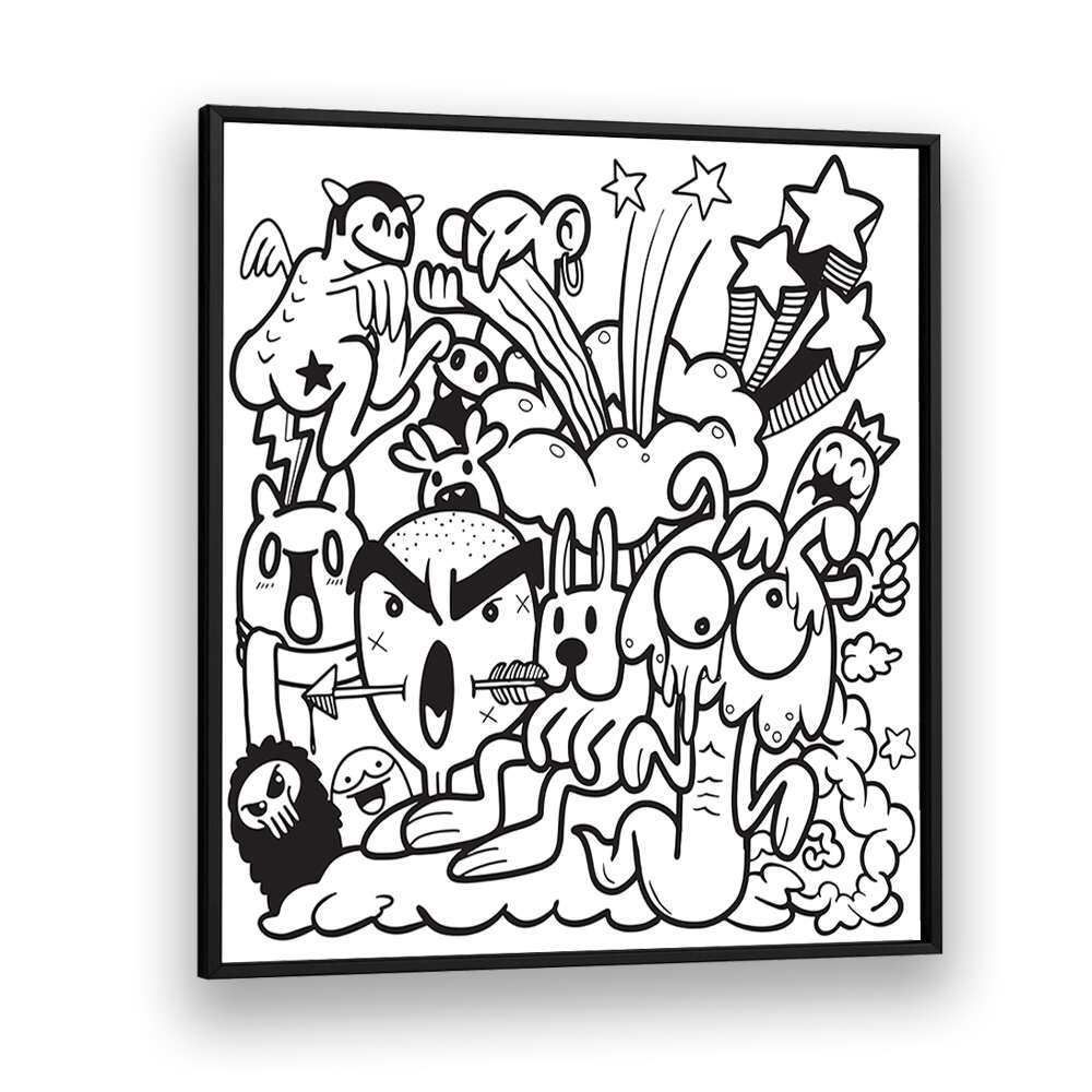 Vibrant BOOM CHAOS, DOODLE ART PAINTINGS featuring playful characters in a stylish black frame for creative expression.