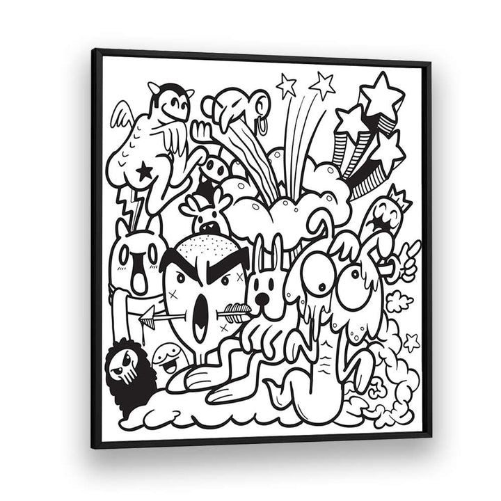 Vibrant BOOM CHAOS, DOODLE ART PAINTINGS featuring playful characters in a stylish black frame for creative expression.