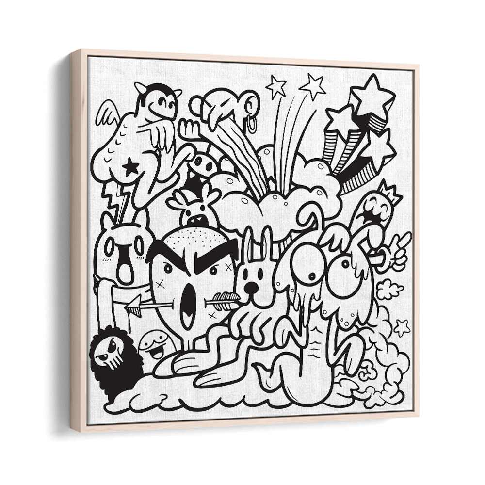 Colorful BOOM CHAOS, DOODLE ART PAINTINGS featuring fun characters and expressive designs, perfect for artistic inspiration.