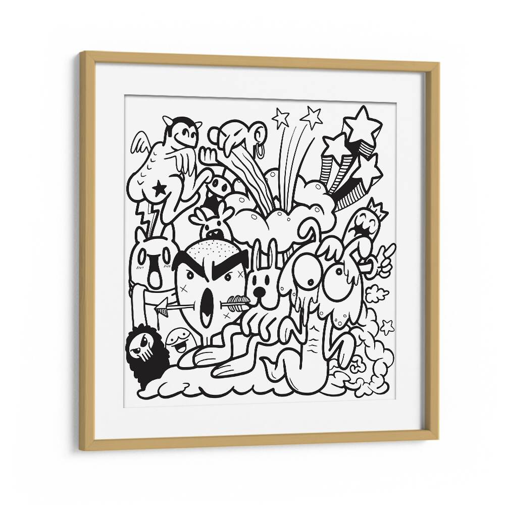 Colorful BOOM CHAOS Doodle Art Paintings in a stylish oak frame, perfect for sparking creativity in any space.