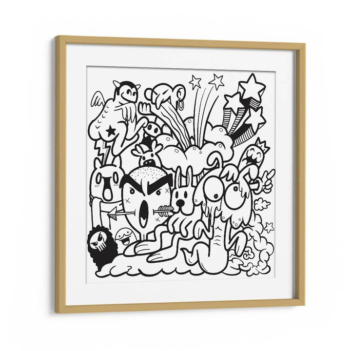 Colorful BOOM CHAOS Doodle Art Paintings in a stylish oak frame, perfect for sparking creativity in any space.