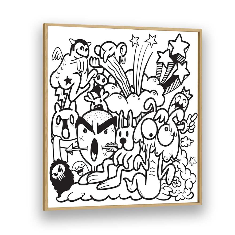 Colorful BOOM CHAOS, DOODLE ART PAINTINGS in a wood frame, perfect for sparking creativity in any space.