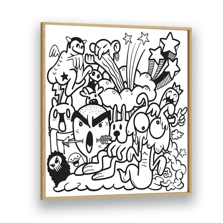 Colorful BOOM CHAOS, DOODLE ART PAINTINGS in a wood frame, perfect for sparking creativity in any space.