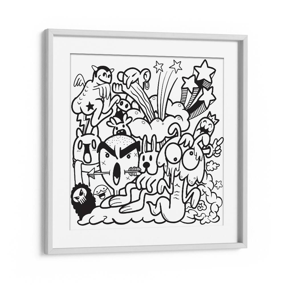Colorful BOOM CHAOS, DOODLE ART PAINTINGS in a white frame, perfect for unleashing creativity in any space.