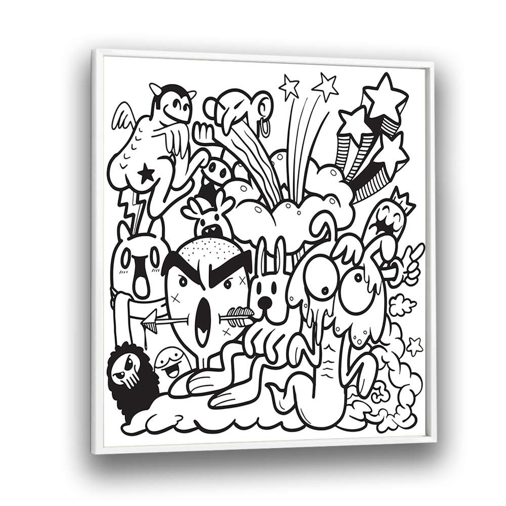 Vibrant BOOM CHAOS, DOODLE ART PAINTINGS capture creativity with playful characters in a stylish white frame.